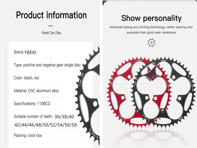 YBEKI 110BCD Chainring - CNC Machined 7075-T6 Aluminum Narrow-Wide Chainwheel for Road Bikes (36-58T Options) | 8-12 Speed Compatible | Ultra-Lightweight | Anti-Drop Design ﻿ (Black/Red) - Image 4